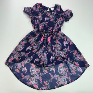 Japna Kids Navy Blue Floral Paisley Romper Dress Girls Size 7 High Low Boho‎
